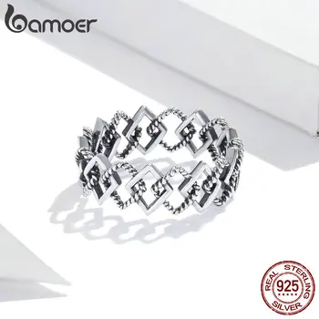 Bamoer Geometrijske prstanec Obroči za Ženske 925 Sterling Srebro Retro Posla Poročni Nakit Modni Dodatki SCR694