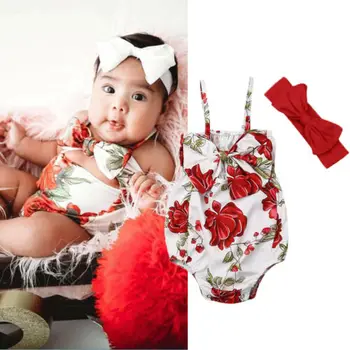 Baby Dekleta Cvet Princesa Poletje Bombaž Povodcem Romper +Bowknot Glavo Baby girl Obleke 0-3Y