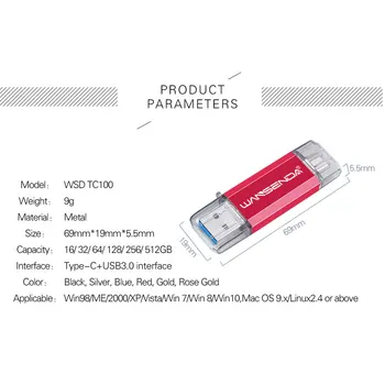 Novo WANSENDA USB 3.0 Tip C ključek USB OTG Pen Drive 32GB 64GB 128GB 256GB 512GB Pomnilniški Ključek USB Pendrive Palec pogon