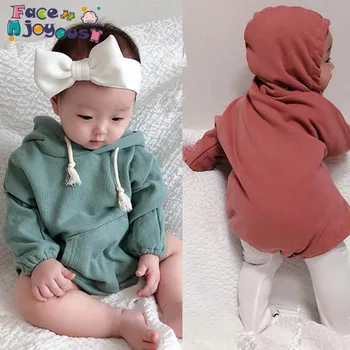 2019 Novo Newborn Baby Toddler Fant Dekle Romper Hooded Oblačila Z Dolgimi Rokavi Boys Obleke Trdna Jeseni Otroci Dekliška Oblačila