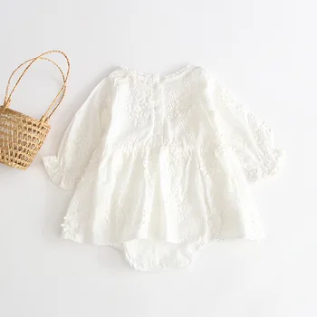 Baby dekle Obleka Lady čisto bela vezene dolgo sleeved bombaž obleko bobysuit plezanje oblačila Newborn Baby Girl Obleke