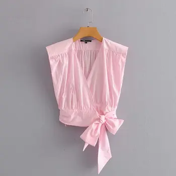 Novo leto 2020 ženske križ v vratu robom lok vezani roza Majico brez rokavov pleat kimono bluze za ženske roupas femininas srajca srajce LS6586
