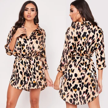 2019 Evrope Ženske Leopard Tiskanja Ohlapne Obleke Zavoj navzdol Ovratnik, Dolgi Rokavi Seksi Dama Rokavi Obleka S Pasom Poletje Moda