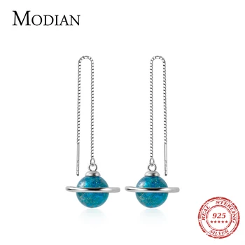 Modian Galaxy Modra Kristal Dolge Verige Spusti Uhani za Ženske, Modno Oblikovanje 925 Sterling Silver Fashion Eleganten Nakit Brincos