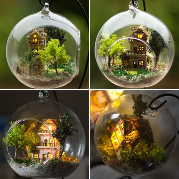 DIY Lesena Hiša Miniaturas s Pohištvom DIY Miniaturni norveški hišico Lutke Stekleno Kroglo Igrače za Otroke Božič Gitfs