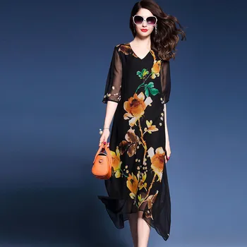 AYUNSUE 2020 Moda Haljo Femme Bohemian Poletni Cvetlični Obleka Ženske Proti-Vrat Priložnostne Svoboden Etnične Tiskanja Svilene Obleke Vestidos WXF645