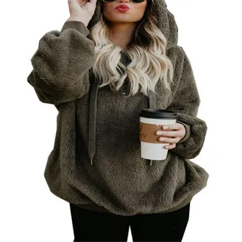 2020 nove zimske toplo ženski pulover s kapuco majica vrvico dolg rokav krzno puloverju žep plišastih kapuco