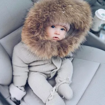 Pletena oblačila z nogo in kapuco, otroška oblačila z krzno ovratnik za zimo na prostem, 3-24M beloprsi Singl dojenčka Puloverji