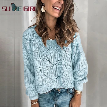 SUDIE Dekle Retro slog preprost dolgi rokav krog vratu jopica barva puloverju openwork pulover ženske, več barv