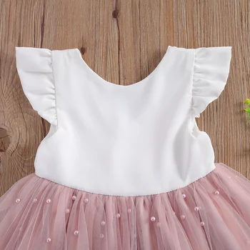 Princesa Malčke Baby Dekleta Oblačenja Ruffles Sleeve Solid Pearl Čipke Mozaik Nazaj Bowknot Tutu Obleko 1-5Years