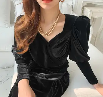 Francoski stil elegantno žametno obleko ženske proti-vrat slim paket hip obavijen dolg rokav stranka obleko