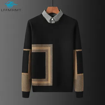 Pozimi Pade Trendy Moških Geometrijski Vzorec Dolg Rokav Minimalističen Sweater Moški Debel Kožuh Priložnostne River Ponaredek Dveh Kosov Pleteninah