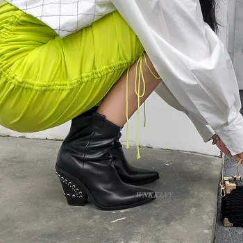 Punk stil Konicami prstov, gležnja škornji ženski klini visokih petah kovinske sponke dekor usnje kratek čevlji vzletno-pristajalne steze jesensko zimski čevlji