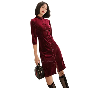 Jeseni, Pozimi Žamet Ženske Cheongsam Obleko Tradicionalni Kitajski Poročne Obleke za Dekle Novo Leto Elegantno Qipao Tang Obleko Obleko