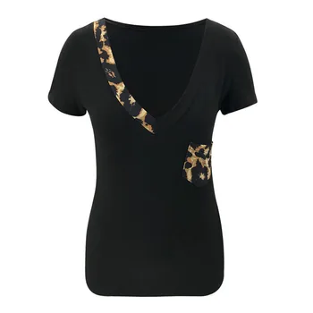 Moda Leopard Mozaik Črno Bele Ženske T-shirt Seksi V Vratu Kratek Rokav Pocket Dekor Slim Priložnostne Vrhovi Dame Poletje Tshirts