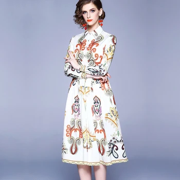Jesenska moda za Ženske Vintage Obleke urad dama vzletno-pristajalne Steze Kakovosti Dolg Rokav Cvjetnim Tiskanja Elegantno Midi Obleko Vestido Haljo Femme