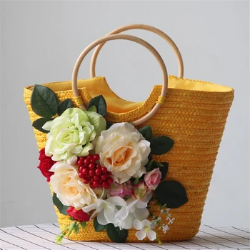 2019 Ročno izdelane rože Rattan slame vrečko nastavite cvet travo torbico Modne Počitnice ob Morju Ženski Plaže Vrečko, večje zmogljivosti totes