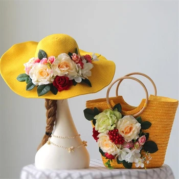 2019 Ročno izdelane rože Rattan slame vrečko nastavite cvet travo torbico Modne Počitnice ob Morju Ženski Plaže Vrečko, večje zmogljivosti totes