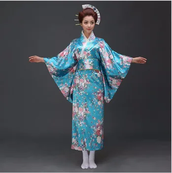 Nov Prihod Japonskih Traditioinal Satenast Kimono Klasičnih Yukata Z Obi Seksi Letnik Žensk Prom Oblačenja Cvetlični Ena Velikost