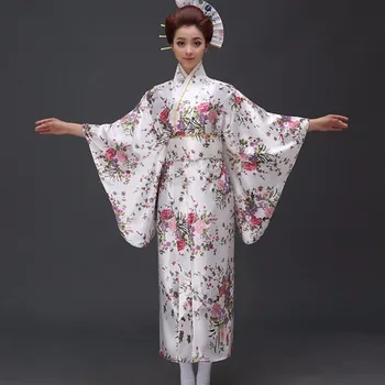 Nov Prihod Japonskih Traditioinal Satenast Kimono Klasičnih Yukata Z Obi Seksi Letnik Žensk Prom Oblačenja Cvetlični Ena Velikost