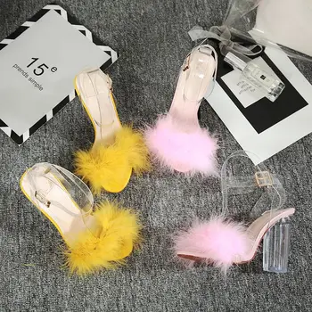 2021 poletne sandale za dame čevlji open toe krzno Blok visokih petah PVC Pink poroka ženska, čevlji velike velikosti 41 rumene barve sponke