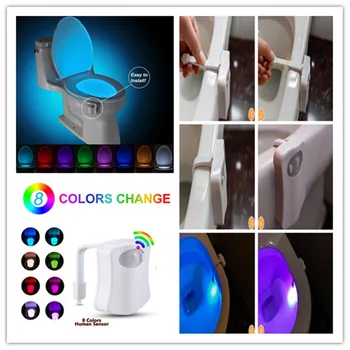 Pametni senzor gibanja školjko sedeža noč svetlobe, 8 barvno osvetljen nepremočljiva kopalnica LED razsvetljava nočna lučka wc wc svetlobe