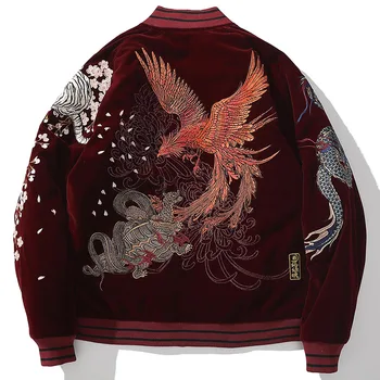 Aolamegs Prevelik Vezenje Moški Suknjič Kitajski Zmaj Phoenix Živali Embroided Jopiči Pozimi Topel Plašč Japonski Retro Outwear