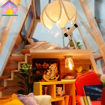 Ustvarjalne DIY Otroke, Odrasle, Mini Lutka hiša Leseni Kompleti Sestavljeni Aurora Koča gradniki mini doma oprema igrače