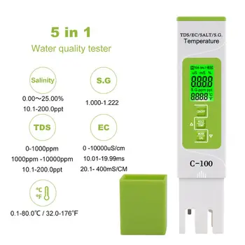 5 v 1 TDS/ES/Slanosti/S. G./Temperature Merilnik Digitalni Tester Kakovost Vode za gospodinjstvo, Bazeni, Pitne Vode, Akvarij