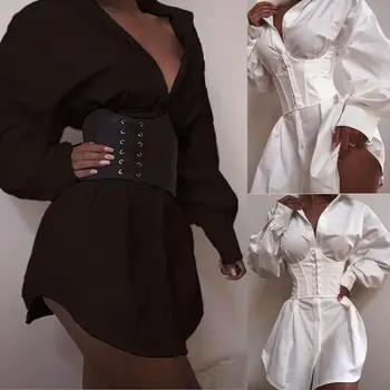 Nova Elegantna Ženska Priložnostne Dolg Rokav Svoboden Mini Obleka Črna Bela Jeseni Seksi V Vratu Stranke Obleke S-XL 2 Barvi