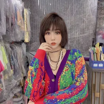 Ženska korejski Fashon Street nositi Svoboden Cardigan Tiskanja Puloverji Knited Vrhnjih oblačil Nove Sloge 2020