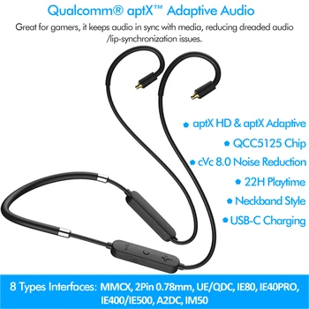 QCC5125 APTX Prilagodljivi APTX Bluetooth HD 5.0 Nadgradnjo Kabel MIC Tip C AAC 2PIN 0.78 mm MMCX IE40 PRO IE80S SE535 UE18 W4R A2DC