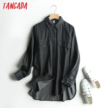Tangada ženske retro prevelik black denim bluzo z dolgimi rokavi elegantna ženska priložnostne ohlapno majico blusas femininas 3S12