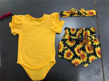 0-24M Newborn Baby Girl Obleke 3pcs Določa Rumena Romper Vrhovi Sončnično Hlače Glavo Poletje Baby Dekleta Obleko