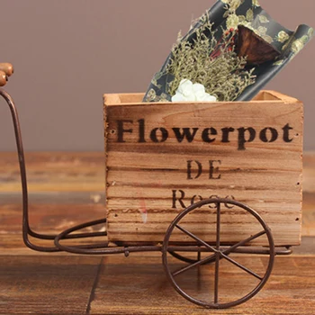 Vroče Prodajo Lesenih Tricikel Model Cvetlični Lonček Kovanega Železa Izposoja Flower Stand Zaprtih Shranjevanje Rack Doma Vrt Namizni Dekor Obrti