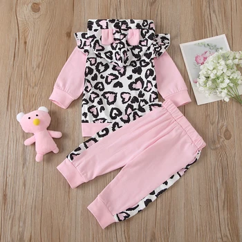 Otroci Baby Dekleta 2pcs Obleko Oblačila, ki, Roza Leopard Natisnjeni Vzorec Kapičastih Pulover + Dolge Hlače Spomladi Jeseni 1-6 Let