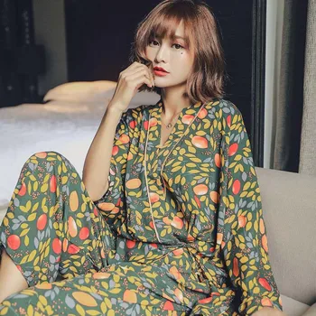 Pomlad Nove Ženske Pajama Nastavite Mango Listov Tiskanje Kimono Style Bombaž Saten Sleepwear Nastavite Tanke Svoboden Udobje Homewear Priložnostne Obrabe
