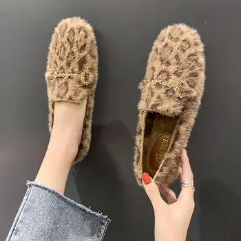 Moda za Ženske Krznen Čevlji Zimski Stanovanj Bombaž Čevlji Dame Mehko Udobno Zdrsne na Leopard Loafers Plišastih Toplo Zapatos De Mujer