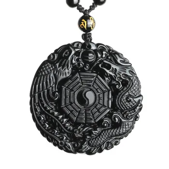Naravni Črni Obsidian Ogrlico, Obesek, Dragon Phoenix z Verigo Osmih Trigrams Obesek Amulet Mir Maskota Za Moške/Ženske