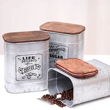 Vintage Kovinskih Kvadratnih Sladkarije Trinket Tin Škatla za Shranjevanje s Leseni Pokrov Pločevinke Kava, Čaj, Začimbe Nakit Primeru