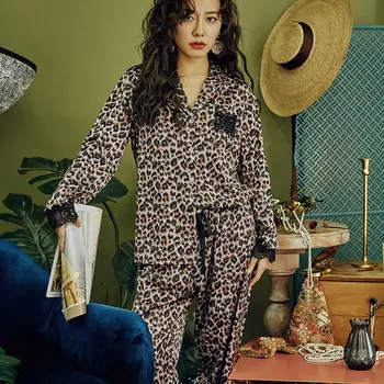 Najnovejši Seksi Čipke Leopard Pižamo za Ženske do leta 2020 Pomlad Saten Pižame Ženske Priložnostne Pyjama Femme Svile Pijama Mujer Dekleta Homewear