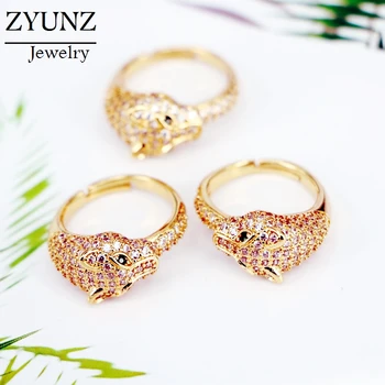 4PCS, Moda leopard glavo design zlato barvo cirkon poročni prstan moških in žensk odprt obroč modni nakit