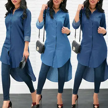 Moda Za Ženske Gumb Trdna Demin Kavbojke Gumb Pocket Modra Long Sleeve Majica Vrhovi Nezakonitih Vrhovi Priložnostne Ohlapna Oblačila