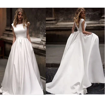 Poročne Obleke S Pocket 2020 Vestido De Novia Satin White Brez Rokavov Poročne Halje Dolžina Tal Poročni Obleki Brautkleider