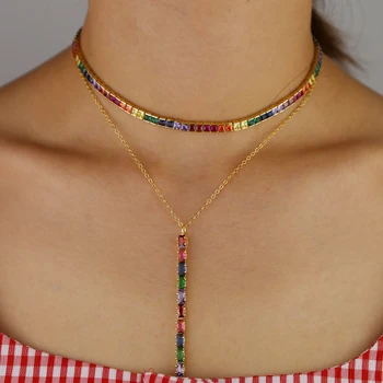 2019 moda mavrica cz tlakovane bar obliko čar obesek ogrlica z zlato barvo Y obliko dolgo neckalce za ženske poročno darilo