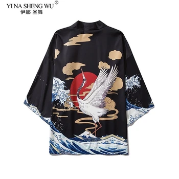Japonski Slog Žerjav Tiskanja Val Kimono Ženske Moški Jopico Majica Yukata Haori Obi Oblačil Vintage Tradicijo Bluzo Plaži Oblačila