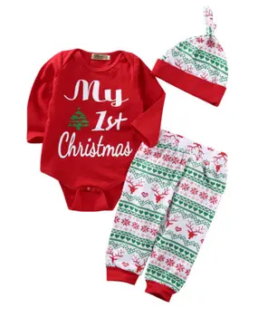 Moj Prvi Božič 3PCS Srčkan Baby Fantje Dekleta Božič Rdeče Romper Vrhovi Dolgimi Rokavi, Hlače Legging Klobuk Obleko Obleke, Kompleti, Vroče Prodaje