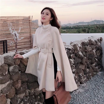 2020 Jeseni Visoke Kakovosti Volnene Šal Cape Poncho Plašč S Pasom Ženske Mid-Dolžina Korejski Brez Rokavov Elegantne Dame Cape Coats