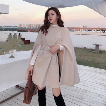 2020 Jeseni Visoke Kakovosti Volnene Šal Cape Poncho Plašč S Pasom Ženske Mid-Dolžina Korejski Brez Rokavov Elegantne Dame Cape Coats