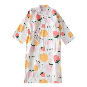 Pomlad Poletje Nove Ženske Udobje Oblačilih, Gaza Bombaža Ženske Kimono Style Srčkan Risanka Sadje Natisnjeni Nightgown Mehko Svoboden Homewear